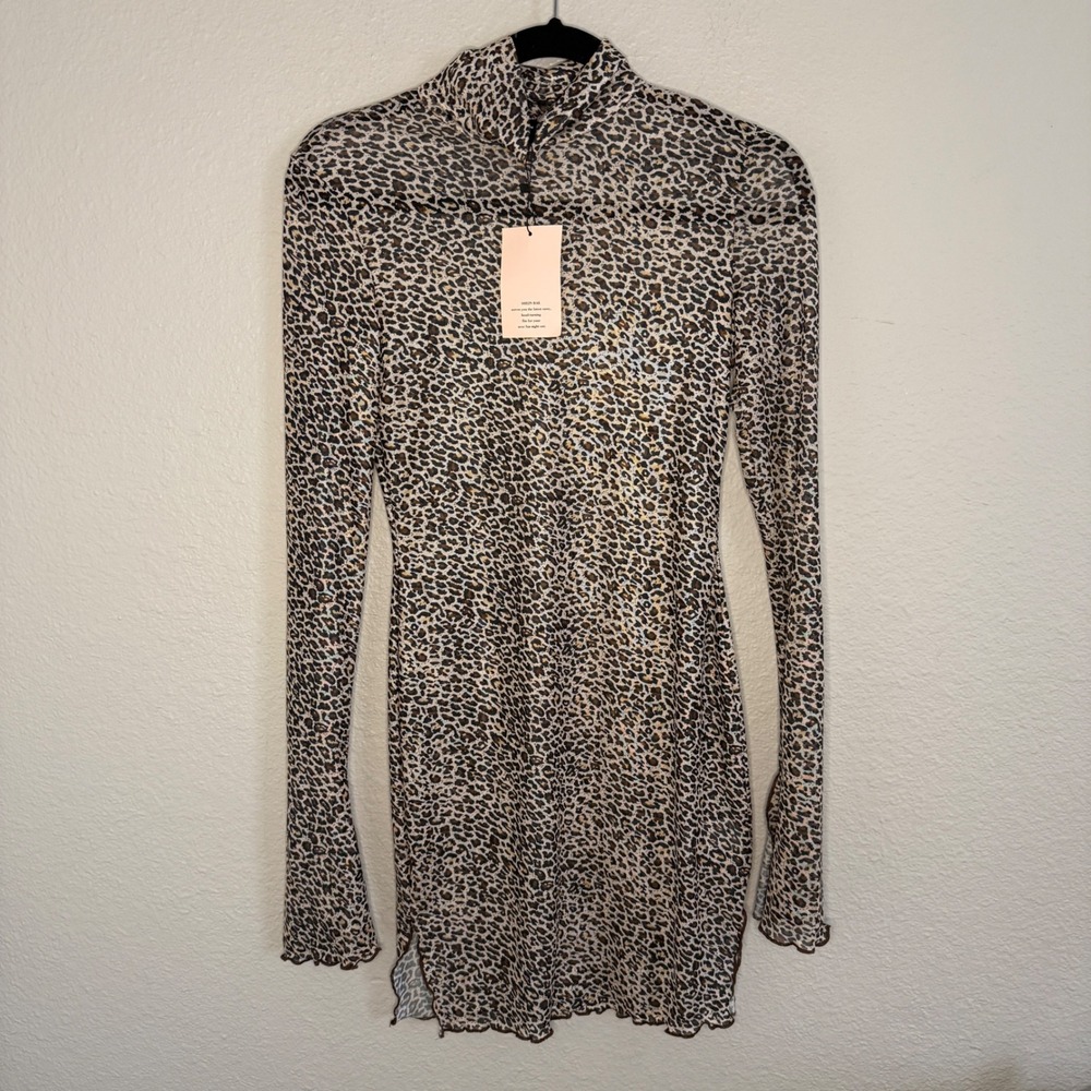 NWT Small‎ Leopard Sheer Mesh Bell Sleeve Mini Dress Y2K Mob Wife Baddie Glam
